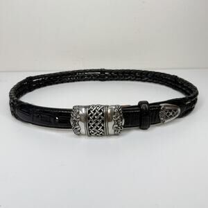 BRIGHTON Braided Woven Leather Belt Black Silver Square Buckle 90603 Womens Sz M
